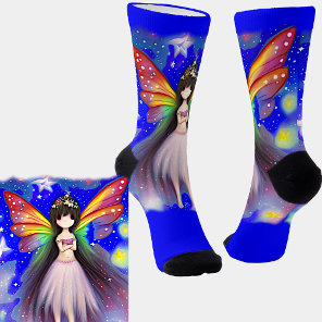 Pretty Fantasy Fairy with Pink Wings on Blue Socks