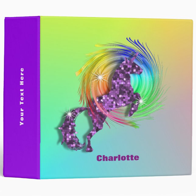 Pretty Fantasy Rainbow Unicorn Personalized 3 Ring Binder (Front/Spine)
