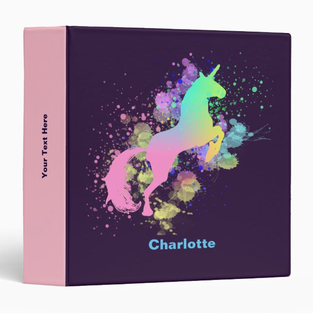 Pretty Fantasy Rainbow Unicorn Personalized 3 Ring Binder (Front/Spine)
