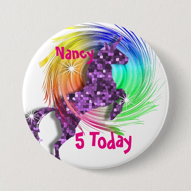 Pretty Fantasy Rainbow Unicorn Personalized Age Button (Front)