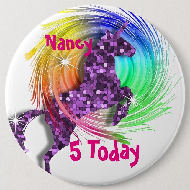 Pretty Fantasy Rainbow Unicorn Personalized Age Pinback Button (Front)