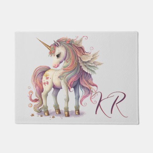 Pretty Fantasy Unicorn Rainbow Pastel Initials Doormat