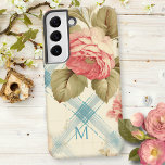 Pretty Farmhouse Rustic Monogram Pink Roses Samsung Galaxy S22 Case<br><div class="desc">Very pretty rustic/farmhouse/cottage style design featuring pink roses,  sage green foliage and dusty teal blue diagonal watercolor stripes on pastel yellow/buff background. Includes text field for your name,  initial or monogram.</div>