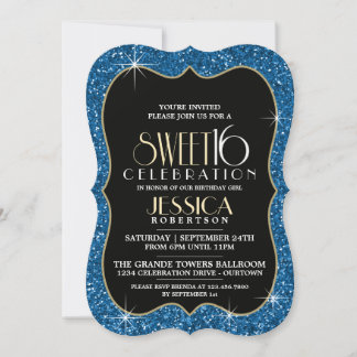 Pretty Faux Blue Glitter Sweet 16 Party Invitation