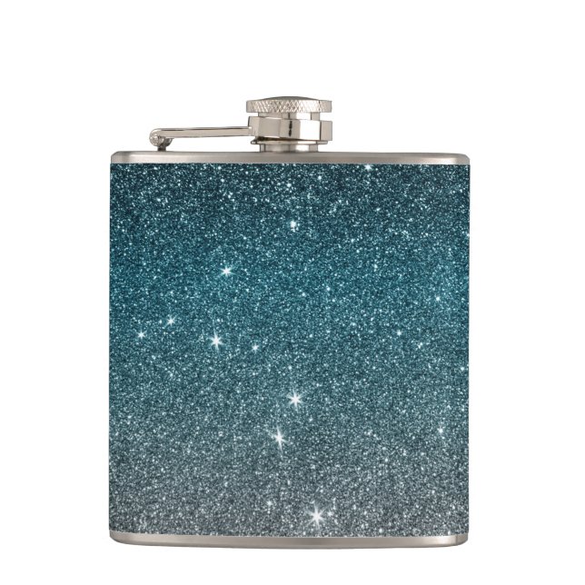 Pretty Faux Glitter Gradient in Black, Blue, White Hip Flask (Front)