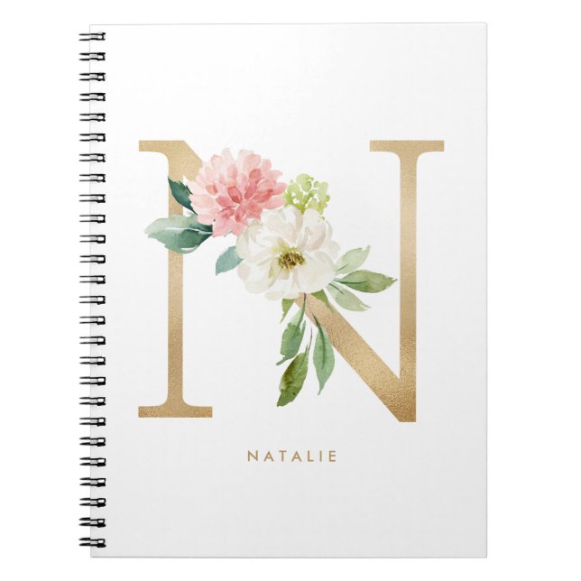 Pretty Faux Gold Foil Floral Letter N Monogram Notebook (Front)