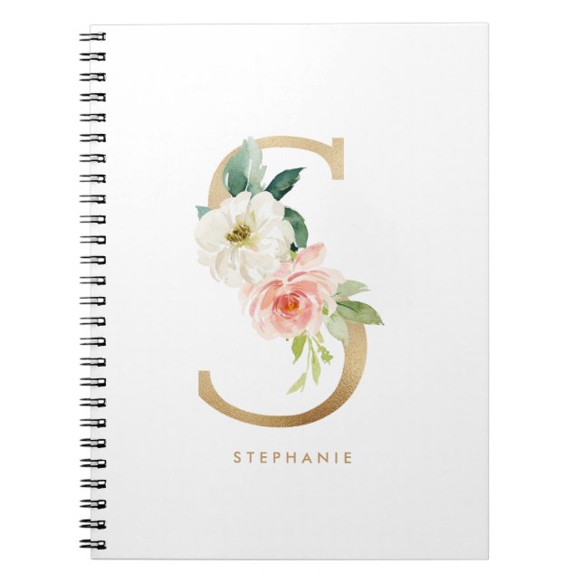 Pretty Faux Gold Foil Floral Letter S Monogram Notebook (Front)