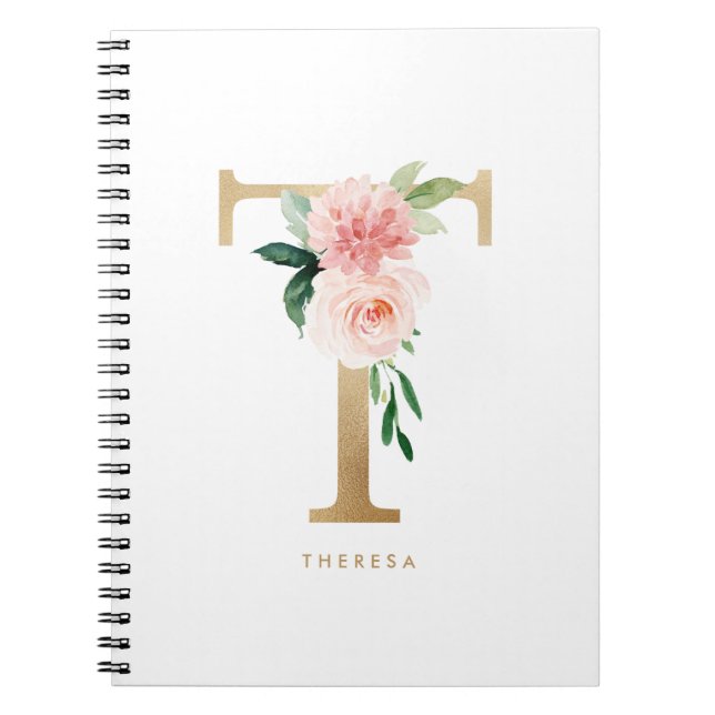 Pretty Faux Gold Foil Floral Letter T Monogram Notebook (Front)