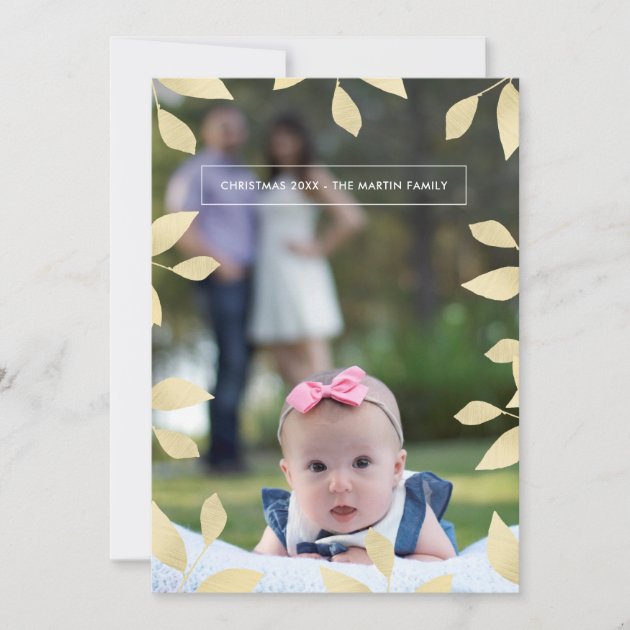 Pretty Faux Gold Leaves Christmas Photo Holiday Card