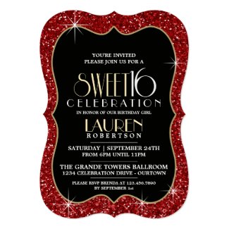 Pretty Faux Red Glitter Sweet 16 Party Invitations