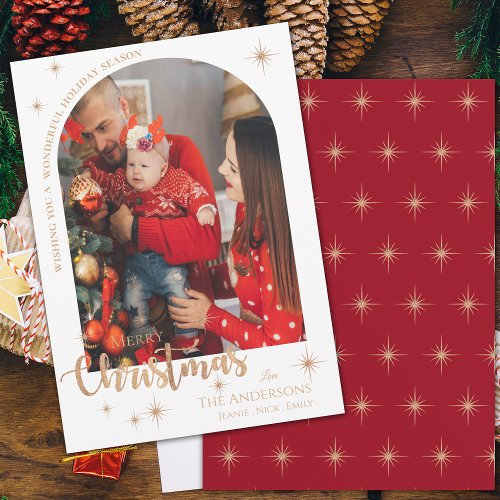 Pretty Faux Rose Gold Family Photo Merry Christmas Holiday Card