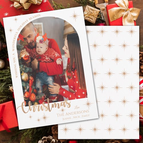 Pretty Faux Rose Gold Family Photo Merry Christmas Holiday Card