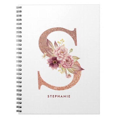 Pretty Faux Rose Gold Floral Letter S Monogram Notebook