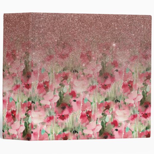 Pretty Faux Rose Gold Glitter on Watercolor Floral 3 Ring Binder