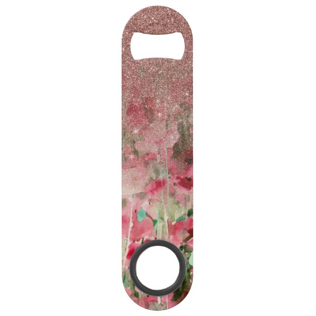 Pretty Faux Rose Gold Glitter on Watercolor Floral Bar Key (Front)