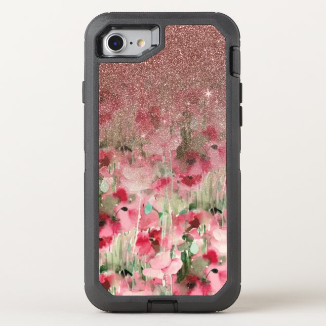 Pretty Faux Rose Gold Glitter on Watercolor Floral Otterbox iPhone Case (Back)