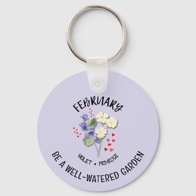 Pretty FEBRUARY Birth Month Flower Birthday Keychain (Front)