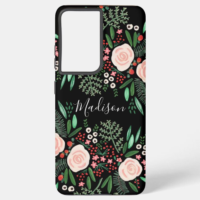 Pretty Feminine Black Botanical Floral Roses Samsung Galaxy Case (Back)