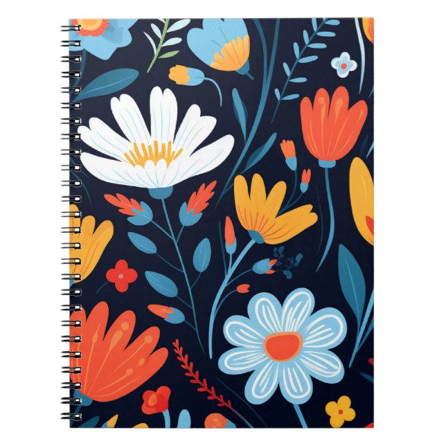 Pretty Feminine Black Floral Pattern Notebook (Front)
