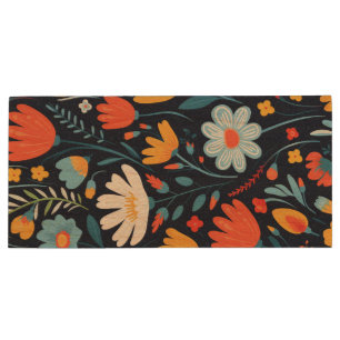 Pretty Feminine Black Floral Pattern Wood Flash Drive