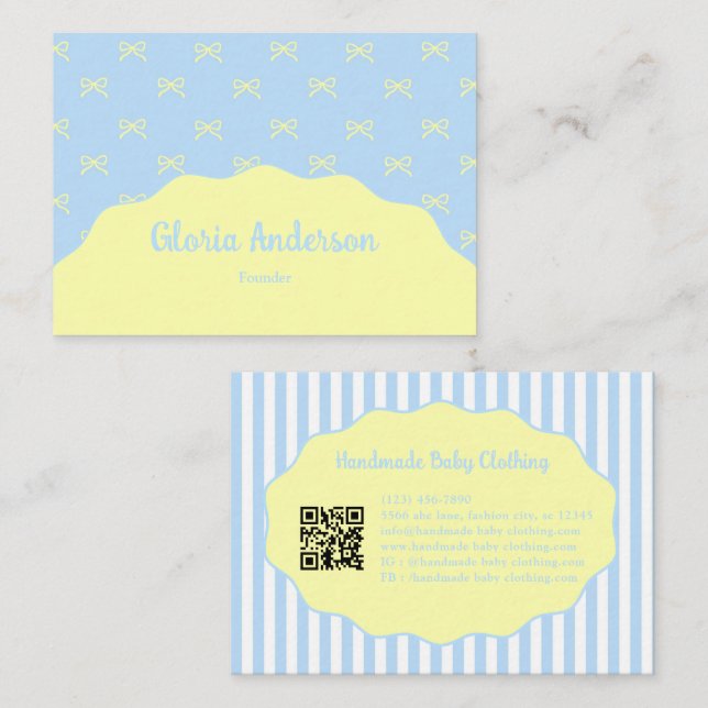 Pretty Feminine Blue Yellow Bow Stripe Pattern Business Card (Front/Back)
