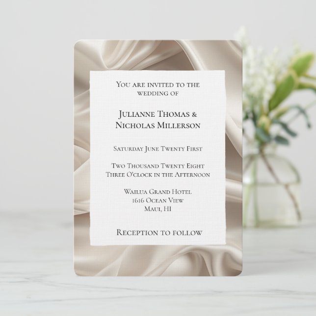 Pretty Feminine Champagne Gold Faux Satin Wedding  Invitation (Standing Front)