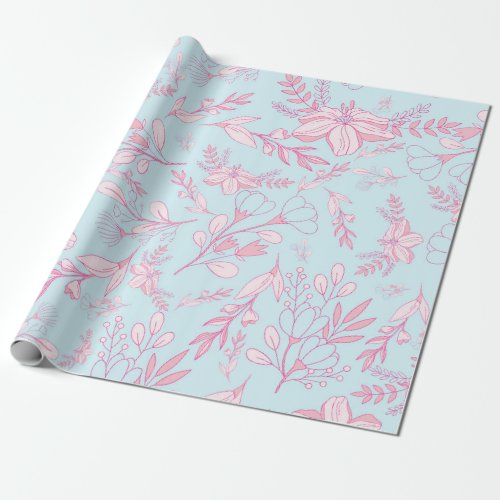 Pretty Feminine Floral Pattern Pink and Blue Wrapping Paper