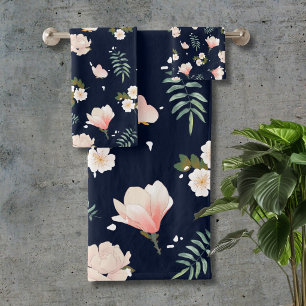 Pretty feminine flower pattern for her l Navy blue Bath Towel Set