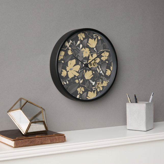 Pretty Feminine Gold Gray Floral Pattern Clock (Office)