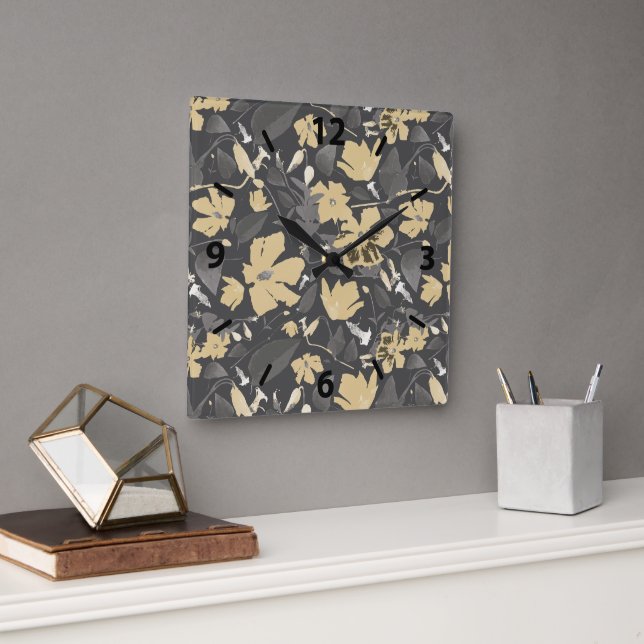 Pretty Feminine Gold Gray Floral Pattern Square Wall Clock (Office)