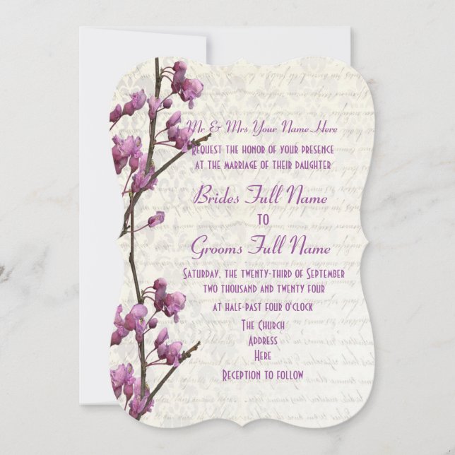 Pretty feminine mauve floral wedding invitation (Front)