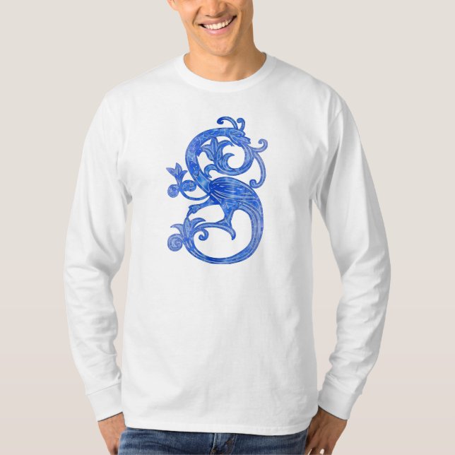 Pretty Feminine Medieval Blue Fantasy Dragon T-Shirt (Front)