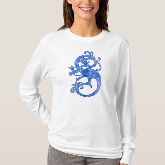 Pretty Feminine Medieval Blue Fantasy Dragon T-Shirt (Front)