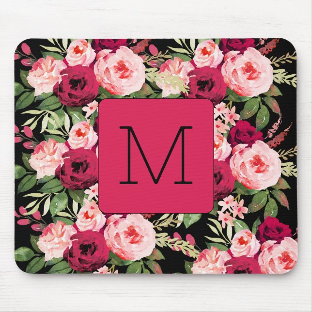 Pretty feminine monogram black and pink floral mouse pad (Front)