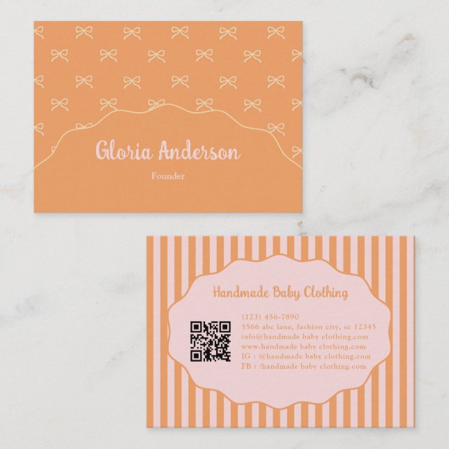 Pretty Feminine Orange Pink Bow Stripe Pattern Business Card (Front/Back)