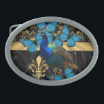 Pretty feminine peacock design oval belt buckle<br><div class="desc">A pretty feminine peacock bird design on black and gold damask with butterflies ,  a chic elegant vintage inspired design.</div>
