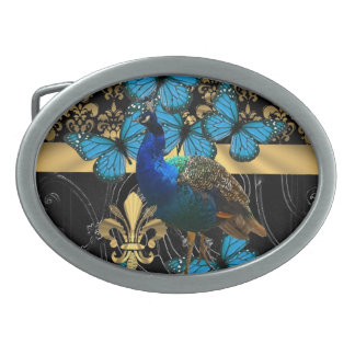 Pretty feminine peacock design oval belt buckle