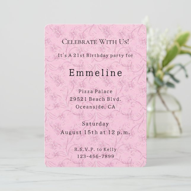 Pretty feminine pink floral birthday invitation (Standing Front)