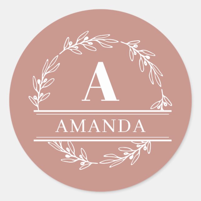 Pretty Feminine Pink Wreath Custom Monogram  Classic Round Sticker (Front)