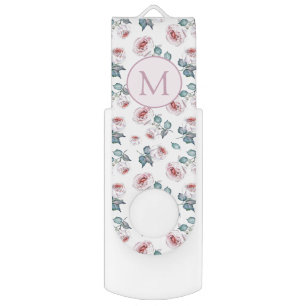 Pretty Feminine Soft Pink Roses Pattern Monogram Flash Drive