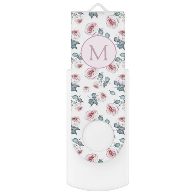 Pretty Feminine Soft Pink Roses Pattern Monogram Flash Drive (Front Vertical)