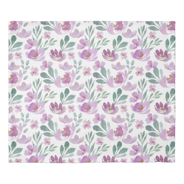 Pretty Feminine Watercolor Floral Greenery Duvet Cover (Front)