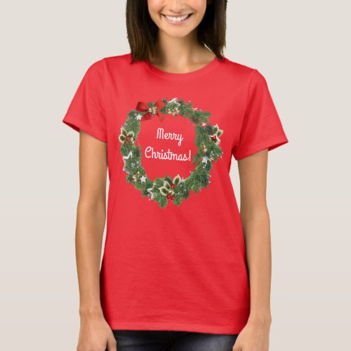 Pretty Festive Christmas Holiday Wreath Art T_Shirt