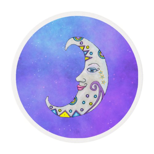 Pretty Festive Crescent Moon With Face Purple sky Edible Frosting Rounds