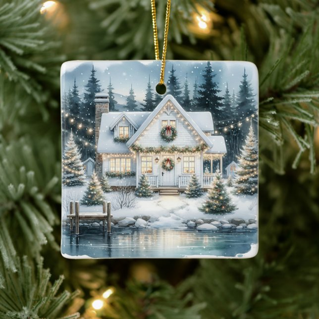 Pretty Festive House on a Frozen Lake Christmas Ceramic Ornament (Tree)