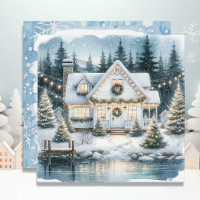 Pretty Festive House on a Frozen Lake Christmas