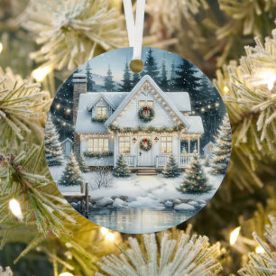 Pretty Festive House on a Frozen Lake Christmas Metal Ornament