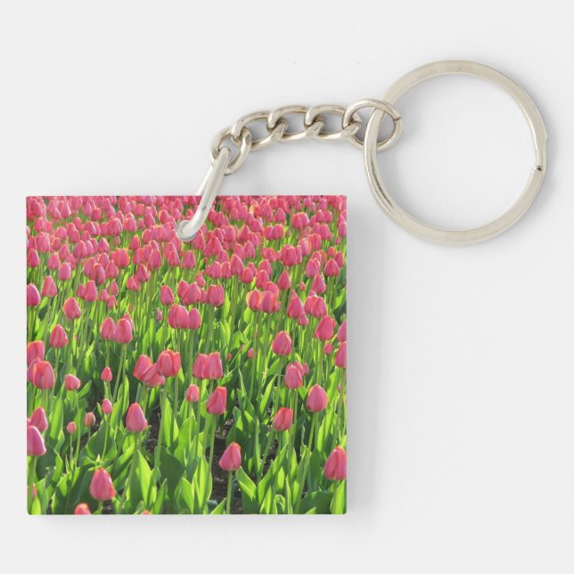 Pretty Field of Pink Tulips Keychain (Back)