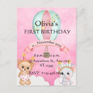 Pretty First Birthday Invitation Postcard