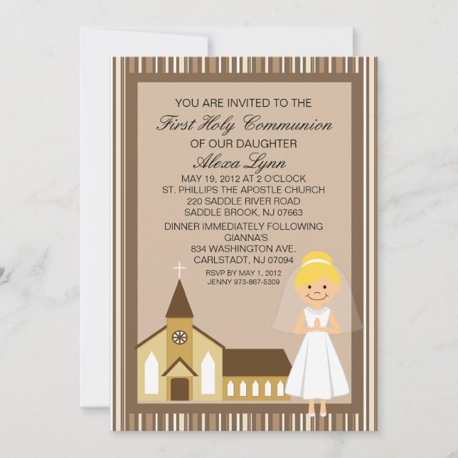 Pretty First  Communion Girl By Church Invitation (Front)